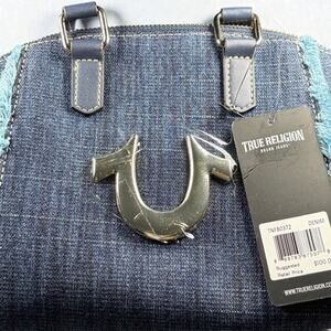 True Religion Denim Satchel Bag Frayed Horseshoe Logo Y2K Streetwear Crossbody